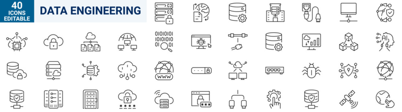 Data Engineering web line icon set. Editable stroke. Vector illustration