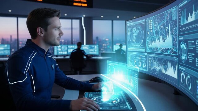 A man working with a holographic interface in a futuristic control room. Professional analyst monitoring complex data on a large screen. Future technology and business intelligence concept