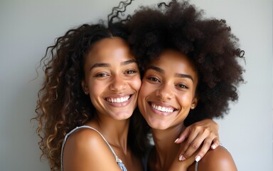 Multiracial two women hugging and smiling at camera. High quality