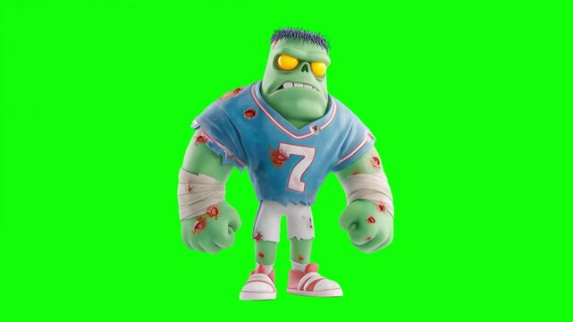 Happy halloween, 3d character cartoonish green monster wearing a sports jersey stands with an assertive pose seamless looping video motion 4k, ideal for Horror, sports-themed, or fun event promotions