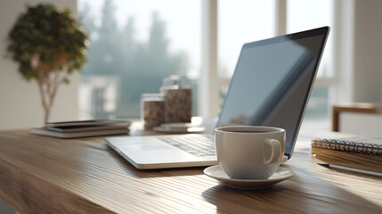 Modern home office desk laptop notebook coffee cup natural
