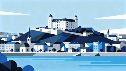 ilustrasi Kastil Bratislava di atas bukit, Sungai Danube di bawahnya, kota kecil menawan.eps