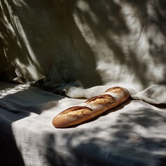 Photo of freshly baked bread on linen cloth bright morning li