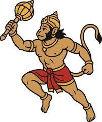 Hanuman Warrior Brandishing Mace In Dynamic Pose, Hindu Mythology Deity Illustration Art, Ancient Epic Symbol