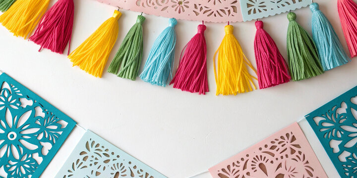 Papel picado banners with tassels on white wall suitable for mexican festival decorations cultural celebration projects holiday promotional templates and event design backgrounds