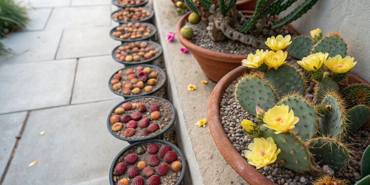 Potted cactus with yellow flowers and sliced cactus fruits on stone surface suitable for mexican flora projects culinary designs agricultural visuals and traditional food branding templates - Powered by Adobe