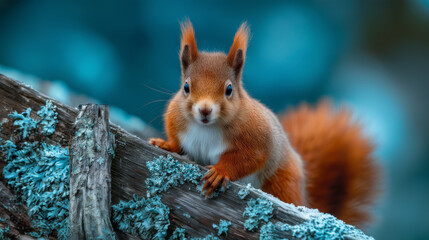 Vibrant Red Squirrel Perched on Mossy Log against Blue Green Bokeh Background