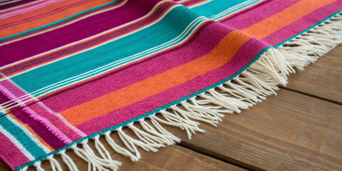 Striped serape blanket with fringes placed on wooden surface suitable for traditional mexican textile projects cultural heritage visuals product backgrounds and decorative promotional materials