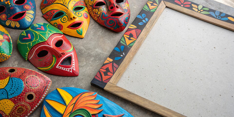 Traditional mexican masks displayed against colorful background suitable for cultural festival promotions heritage projects decorative visuals and celebration design templates