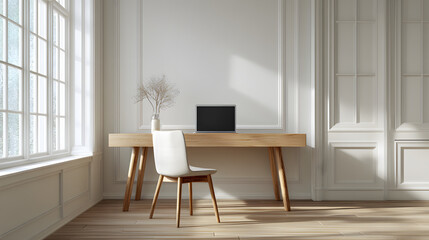Modern minimalist home office interior wooden desk laptop