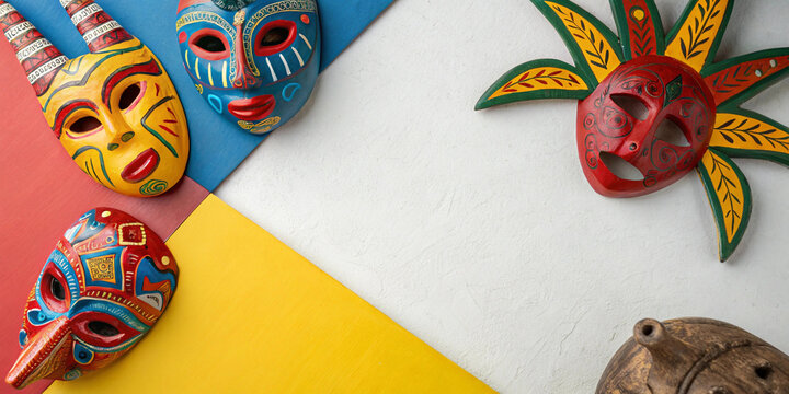 Traditional mexican masks displayed against colorful background suitable for cultural festival promotions heritage projects decorative visuals and celebration design templates