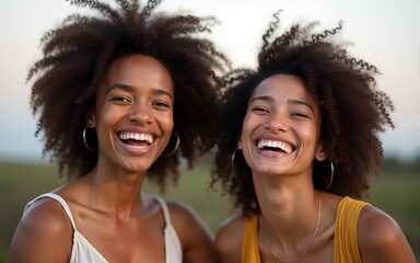 Happy overjoyed two afro women smile broadly. High quality