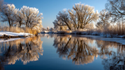 Obraz premium Winter Wonderland with Frosted Trees and Reflections on Calm River