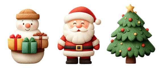 Festive Illustration of Santa, Snowman, and Christmas Tree