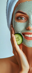  beautiful woman with a light blue towel on her head, a face mask of green clay