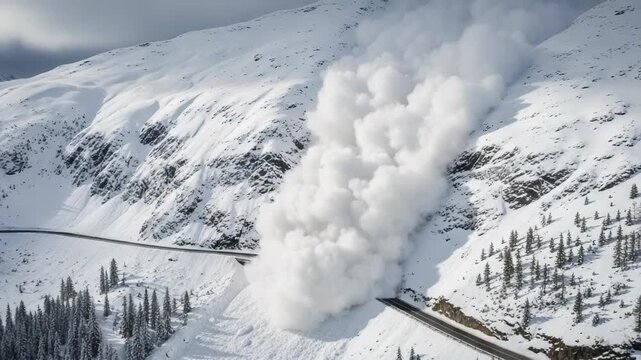Aerial view of a massive avalanche in the mountains. A powerful snow slide covers a road in a dangerous winter event. The force of nature concept
