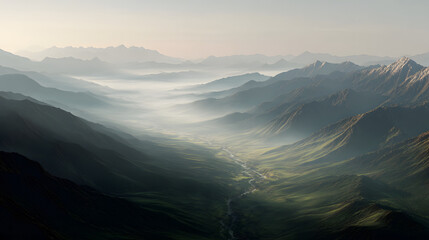 Fototapeta premium Morning mist over wide valley soft sunlight minimalist