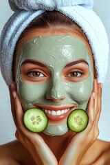  beautiful woman with a light blue towel on her head, a face mask of green clay