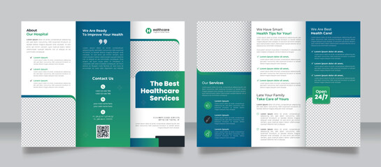Medical healthcare trifold brochure template layout. Can be used for corporate, travel, school admission, lawn care or business promotion ads. Clean and modern trifold brochure design.
