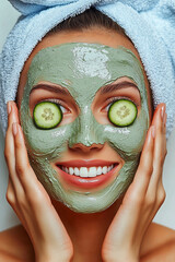  beautiful woman with a light blue towel on her head, a face mask of green clay