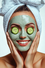  beautiful woman with a light blue towel on her head, a face mask of green clay