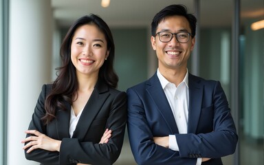 Portrait of successful Asian businessman and businesswoman with arms crossed and smile. High quality