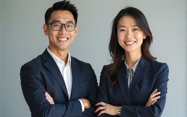 Portrait of successful Asian businessman and businesswoman with arms crossed and smile. High quality