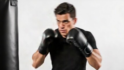 Determined boxer punching a heavy bag. Young athletic man in a fitness workout. Strength training and combat sport concept - Powered by Adobe