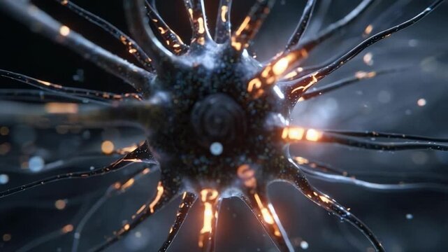 A neuron (nerve cell) with a central soma and many glowing threadlike dendrites and axons extending outward.