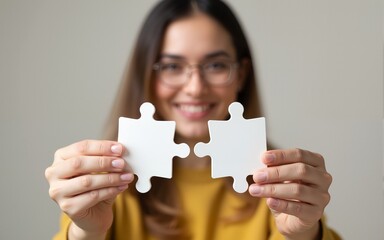 A woman is holding two puzzle pieces in her hands and smiling. High quality