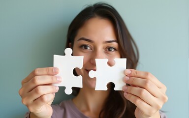 A woman is holding two puzzle pieces in her hands and smiling. High quality