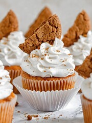 Vanilla cupcake with whipped cream frosting and cookie topping close up