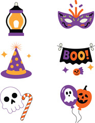 Fototapeta premium Halloween Icons With Mask Lantern Hat Boo Sign And Ghost