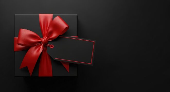 Elegant black gift box with a red satin ribbon on a dark background.