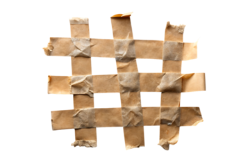 Woven lattice pattern created from brown paper tape strips forming hashtag or grid design