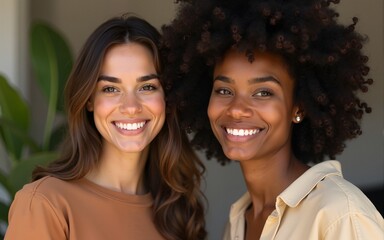 Multiracial puzzled two women thinking and posing on camera. High quality