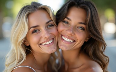 Cheery beautiful blonde and brunette women. High quality