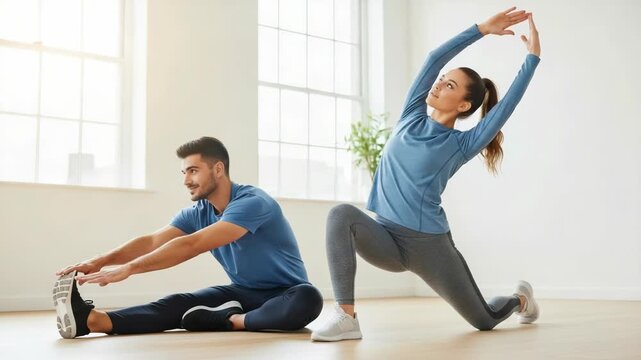 A fit couple stretching together in a bright studio. A man and woman perform warm-up exercises and yoga poses for flexibility. Healthy lifestyle and wellness concept
