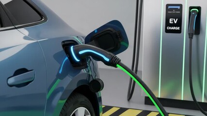 A blue electric car charging at an EV power station. Close-up of a glowing plug connected to the vehicle's battery port. Sustainable mobility and green energy technology concept - Powered by Adobe