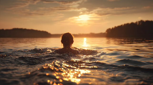 Person swimming in lake back view golden hour photorealistic
