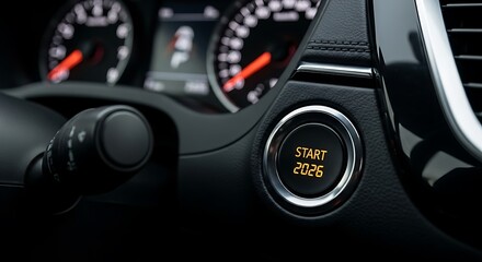 Close up of a car dashboard with a start button visible