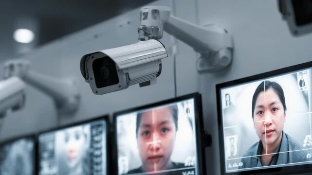 Surveillance cameras and monitors displaying faces in a security control room