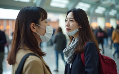 Young beautiful asian traveller woman who wearing a protective face mask is saying no to another woman who coughing without protection mask in public area. High quality
