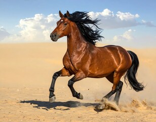 Majestic brown horse galloping powerfully through golden desert sands with mane flowing dramatically against a vibrant blue sky