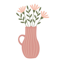 An illustration of a handcrafted vase with flowers. A graphic element with a pottery or interior design concept.