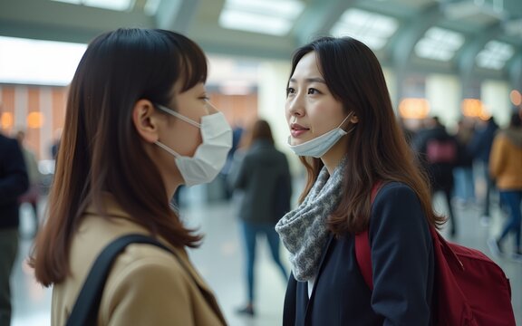 Young beautiful asian traveller woman who wearing a protective face mask is saying no to another woman who coughing without protection mask in public area. High quality