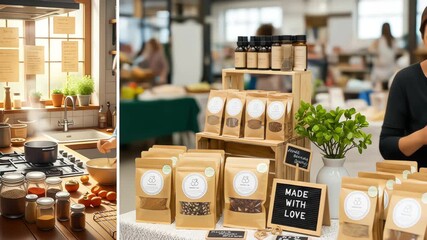 A split-screen shows a woman's journey from lovingly preparing food in her home kitchen to successfully selling her handmade products at a market