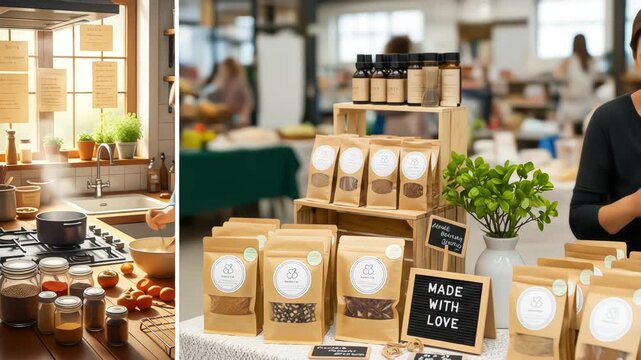 A split-screen shows a woman's journey from lovingly preparing food in her home kitchen to successfully selling her handmade products at a market