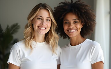 Mature happy multiracial women wearing t-shirts posing at camera. High quality