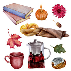 Watercolor set with autumn cozy elements including books, candle, tea pot, mug, scarf, pumpkin, leaves and flower on white background. Hand-drawn art perfect for postcards, packaging and decor.